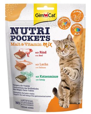 GimCat Nutri Pockets Malt + Vitamin Mix Яловичина/лосось/котяча м'ята - ласощі для котів - 150 г Petmarket