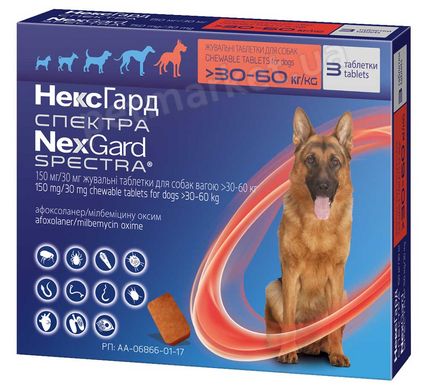 Merial NexGard Spectra XL - таблетки от блох, клещей и гельминтов для собак от 30 до 60 кг - 1 таблетка % Petmarket