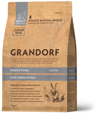 Grandorf MEDIUM MAXI Rabbit & Turkey - беззерновой корм для взрослых собак всех пород (кролик/картофель) - 12 кг % Petmarket