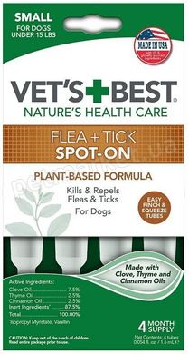 Vet`s Best Flea + Tick Spot On Small - капли от блох и клещей для собак до 7 кг - 1 пипетка % РАСПРОДАЖА Petmarket