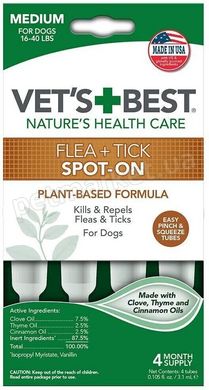 Vet`s Best Flea + Tick Spot On Medium - краплі від бліх та кліщів для собак 7-18 кг - 1 піпетка % РОЗПРОДАЖ Petmarket
