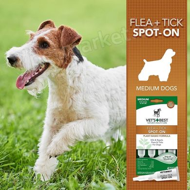 Vet`s Best Flea + Tick Spot On Medium - капли от блох и клещей для собак 7-18 кг - 1 пипетка % РАСПРОДАЖА Petmarket