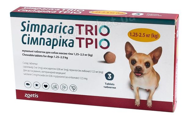 Zoetis Симпарика Трио - таблетка от блох, клещей, гельминтов для собак 1,25-2,5 кг - 1 таблетка Petmarket