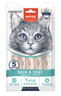 Wanpy Functional Creamy Lickable Treat Skin & Coat Tuna & Salmon - жидкое лакомство для здоровья кожи и шерсти кошек (тунец/лосось) Petmarket