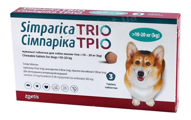 Zoetis Симпаріка Тріо - таблетка від бліх, кліщів, гельмінтів для собак 10-20 кг - 1 таблетка Petmarket