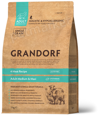 Grandorf Adult Medium & Maxi 4 Meat - корм з живими пробіотиками для собак (4 види м'яса) - 10 кг % Petmarket