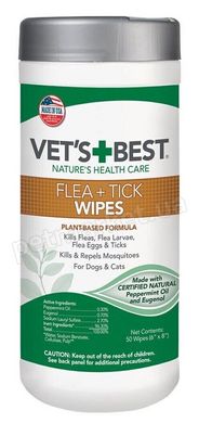 Vet`s Best Flea + Tick Wipes - влажные салфетки от насекомых для собак и кошек - 50 шт. Petmarket
