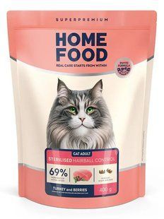Home Food Cat Sterilised Hairball Control - корм для выведения шерсти у стерилизованных кошек (индейка/курица/ягоды) Petmarket